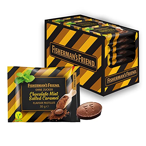 Fisherman's Friend Chocolate Mint Salted Caramel, Pastillen mit Schokoladen, Minze & Salz-Karamell Geschmack, zuckerfreie & vegane Bonbons, 20 x 30g