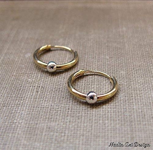 Miniatura 5 de Unisex Black Earrings with Gold Beads, Huggie Hoops for Men - Dark Earrings - Sterling Silver Jewelry - Floating bead hoops - hypoallergenic Hoops