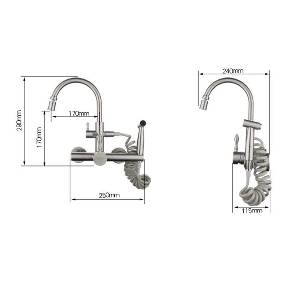 Grifo de Cocina de Pared Acero Inoxidable Trefilado Grifos Cocina con Pistola Frío y Caliente Boquilla 2 Modos Giratorio Grifo Fregadero Cocina-A