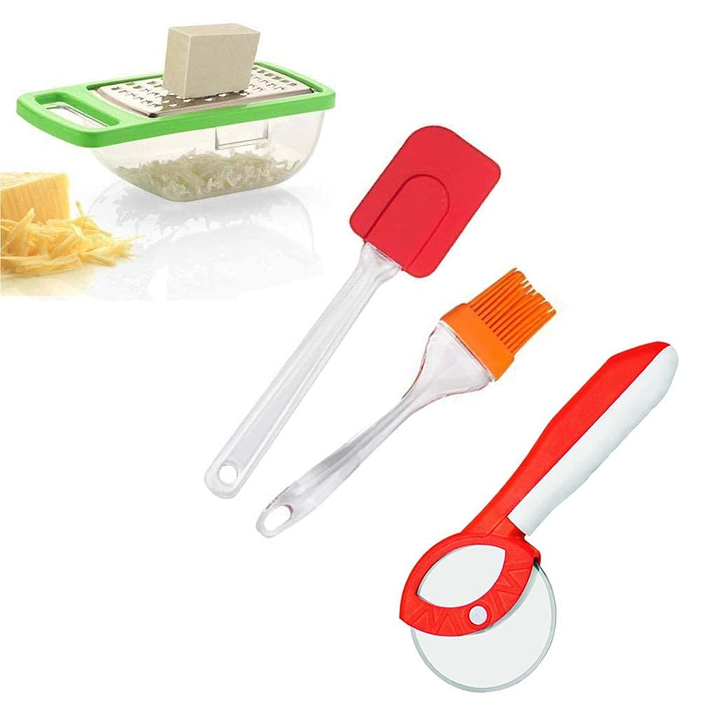 Hetarmi Kitchen Combo of Steel Blade Pizza Cutter with Silicone Spatula and Oil Brush Set (Pizza + Spechula +Oil Brush+Cheez Grater)-Multicolor..