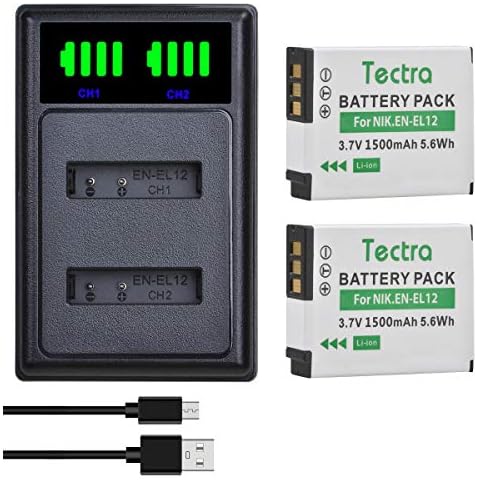 Tectra 2X High Capacity EN-EL12 Battery and LED Dual Charger for Nikon Coolpix AW100 AW110 AW120 AW130 A1000 B600 W300 A900 S6300 S8100 S8200 S9050 S9200 S9300 S9400 P310 Cover