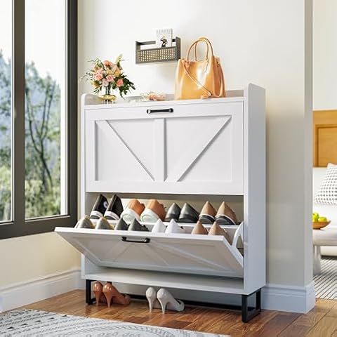 Callales Shoe Cabinet Storage for Entryway Slim, Narrow Shoe Rack Cabinet with 2 Flip Drawers, Farmhouse Hidden Shoe Organizer Cabinet with Metal Legs & Adjustable Pads, White Cover