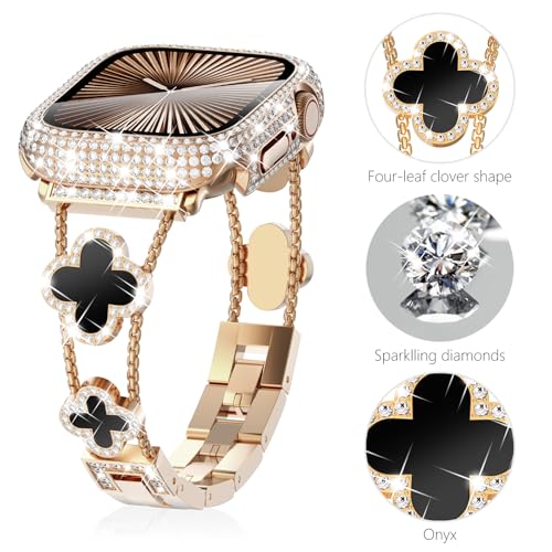 Surace Compatible with Apple Watch Bands for Women 42mm 41mm 40mm 38mm, Jewelry Diamond Rhinestone Metal Wristband Clover Strap with Bling Protective Case for iWatch Series 11/10/9/8/7/6/5/4/3/2/1/SE3 by Surace - Used condition - Image 2