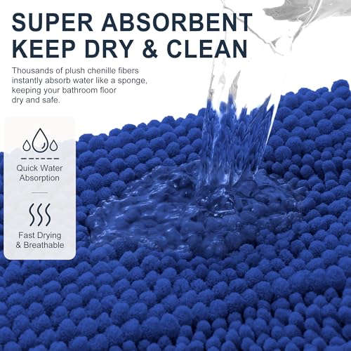 Image of Smiry Thick Chenille Bathroom Runner Rugs 44x24, Extra Absorbent Striped Bath Mat, Machine Washable, Rubber Backing, Long Bath Rugs for Bathroom, Tub & Shower, Home Decor Accessories, Royal Blue