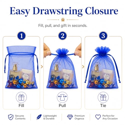 Image of Hopttreely 50 Pcs Royal Blue Organza Bags 4x6 Inch, Premium Mesh Drawstring Gift Pouches for Wedding Christmas Jewelry & Party Favors