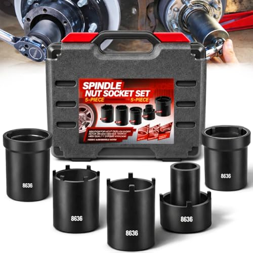 Spindle Nut Socket Tool Kit 5Pcs Axle Hub Lock Nut Socket Set 1/2 Drive for Ford Dana 44/50/60 F250 F350 Chevy GM w/Storage Case 648636 Lug Out Spindle Sockets Remover Installer Set