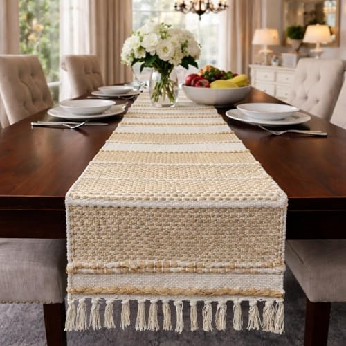 Image of Luxe Home Elegant Beige and White Woven Table Runner with Tassels - Cotton 13.5 x 77 Inch, Rustica - Perfect for Dining Table, Center Table, Decor Pack of 1