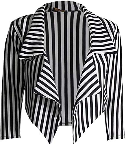 Loxdonz Women's Classic ¾ Sleeves Open Front Stripes Cropped Waterfall Crop Blazer Jacket Coat Cardigan4