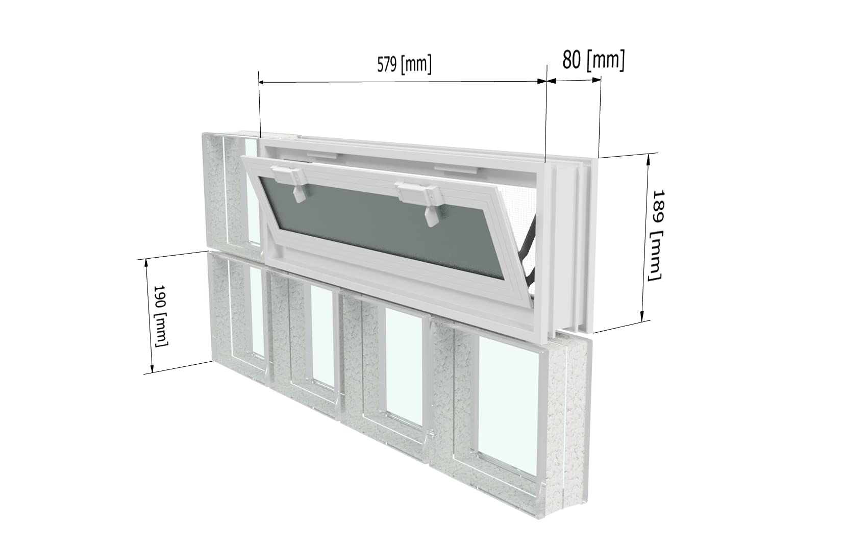 Ventana de ventilación para insertar en una pared de bloques de vidrio, ladrillo u hormigón | Dimensiones: 57,9x19x8 cm | Sustituye a 3 bloques de vidrio de 19x19x8 cm | Unidad de venta: 1 ventana