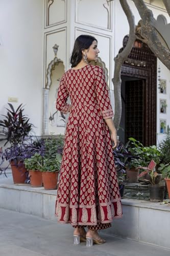 Image of GULMOHAR JAIPUR Women's Cotton Calf Length Printed Flared Kurta Palazzo and Dupatta Set