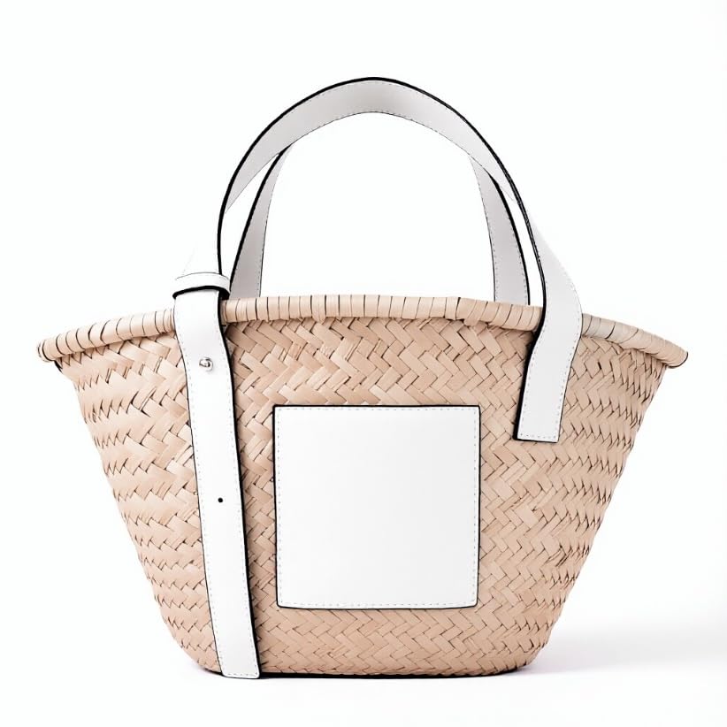 Image of Straw Basket Tote Bag for Women PU Leather Strap Hollow Woven Top Handle Straw Purses and Handbags