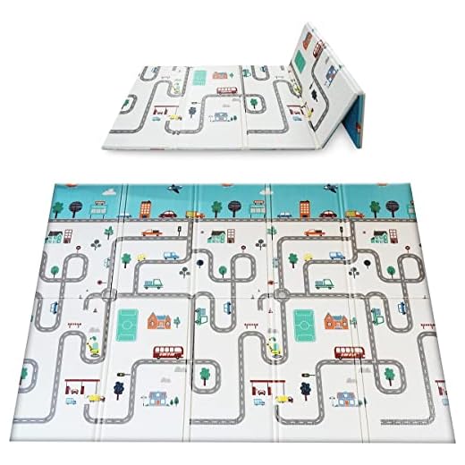 Alfombra bebe acolchada plegable reversible CE. Suelo goma para gateo. Tamaño grande XXL 200x180x1,5cm. Paisaje circuito cochecitos (bleu)