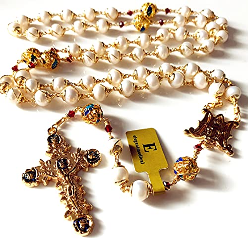 elegantmedical HANDMADE Gold Plated Wire Wrapped Bead AAA White 9mm Real Pearl & Enamel Bead Rosary Cross NECKLACE BOX4
