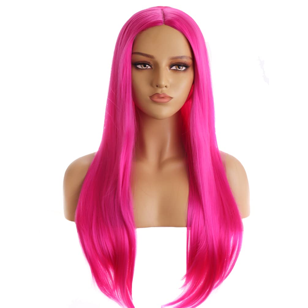BERON 27'' Hot Pink Wig Long Straight Wig Hot Pink Wig Middle Part Wig Long Wig for Daily Party Wig Cap Include
