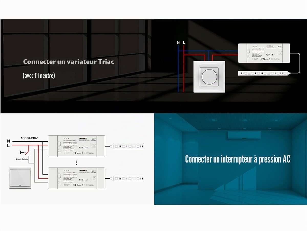 Transformateur d'alimentation à intensité variable 24 V 75 W avec variateur triac variateur sur 220 V + bouton normalement ouvert (Push Dimmer), pour bande LED 24 V
