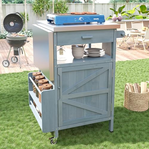 Image of Merax 40.5 inch Outdoor Grill Cart with Stainless Steel Top, Outdoor Storage Cabinet with Drop Leaf, One Drawer, Towel Rack, Rolling Kitchen Cart with Lockable Wheels for Lawn Garden, Blue Grey