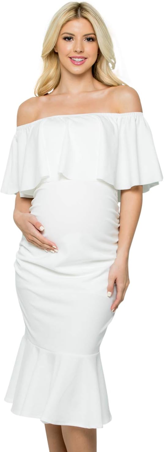 My Bump Womens Mermaid Maternity Dress - Ruched Ruffle Off Shoulder Mermaid Baby Shower Pregnancy Dress (Made in USA)