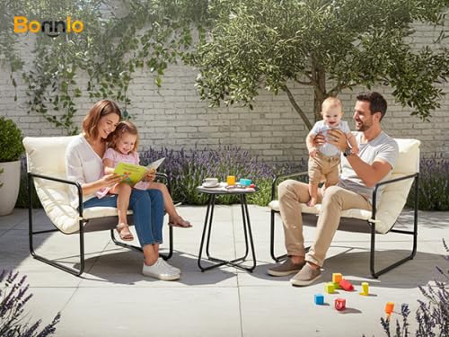 Bonnlo Salon de Jardin Exterieur 2 Personnes, Ensemble Fauteuil Salon et Table Basse, Meuble Exterieur avec Coussin Épais Amovible pour Balcon/Terrasse, Blanc