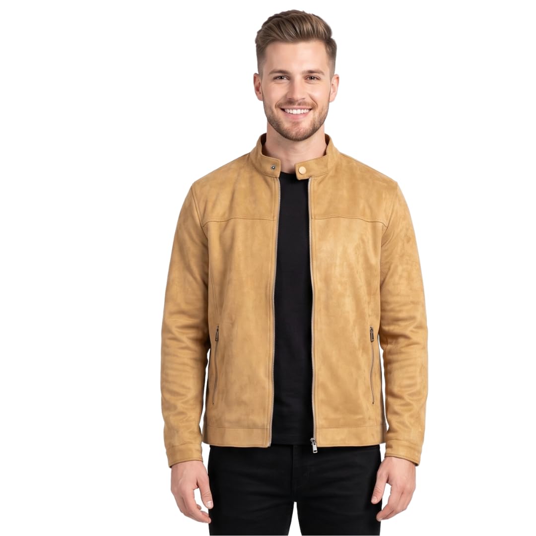 RJ WAHAN Men's Velvet Finish Stylish Jacket | Premium Suede Look Casual Zip Jacket | Mandarin Collar Full Sleeve Fashion Jacket for Men-picture-48