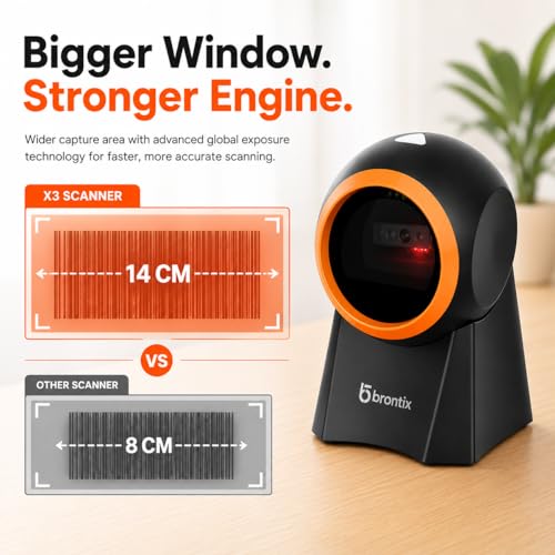 Image of BRONTIX Desktop Barcode Scanner, 2D QR Code | Billing POS System, Hands Free Auto Sensing USB Barcode Reader, Fast Omni Directional Scanning, Retail Store, Warehouse