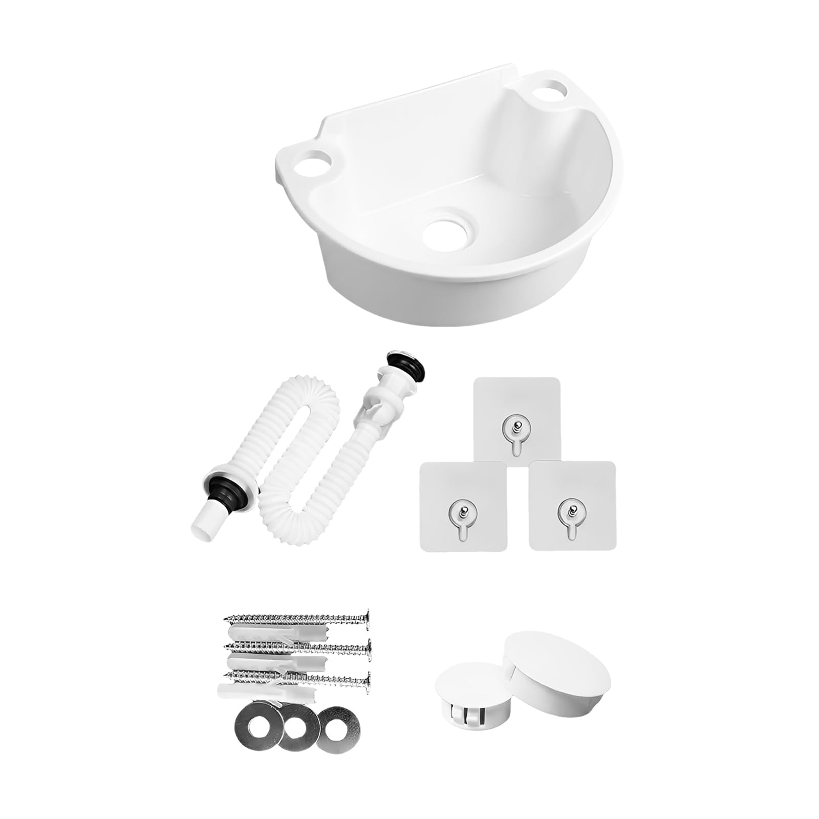 Lavabo in plastica, montaggio a parete, a semicerchio, bianco | Lavello per camper con tubo e tappo di scarico, per angoli della cucina, camper, 29,5 x 21 x 10,5 cm