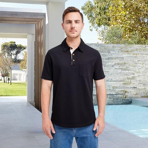 Mens Long and Short Sleeve Polo Shirts Pocket Casual Solid Cotton Blend Drop Cut Collared Polo Shirts for Men