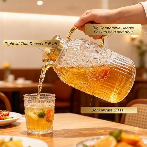 Image of Amzcku Glass Pitcher with Lid, 101 oz / 3 Liter Vintage Water Pitcher,Water Carafe for Cold Brew, Coffee, Lemonade, Iced Tea,Beverage, Heat Resistant Water Glass Jug 1Pack