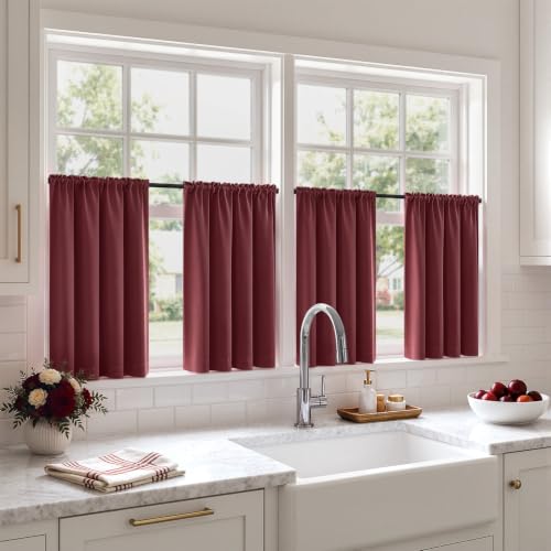 Image of MIULEE Set of 4 Burgundy Red 45 Inch Short Blackout Kitchen Window Curtains | Bedroom Drapes, Light Blocking Privacy Curtains for Small Windows, Bathroom, RV /Motorhome, Laundry, Top&Bottom Rod Pocket