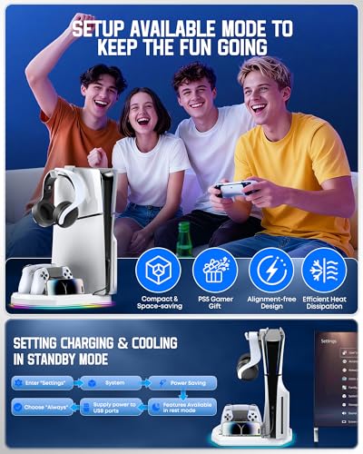 Image of Cooling Station with Controller Charger for PS5 /Slim /Pro, PlayStation 5 Vertical Stand for Disc & Digital Console, Dual PS 5 Controller Charging Station with 3 Level Cooling PlayStation 4 Chargers