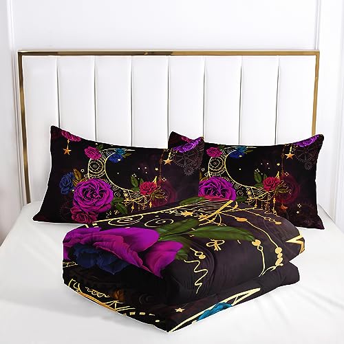 Image of AILONEN Purple Moon Rose Comforter Set Full Size, 3D Floral Pattern Bedding Set for Girls Women Room Decor, 3Pcs Soft Lightweight Duvet Set With 1 Quilt and 2 Pillowcases