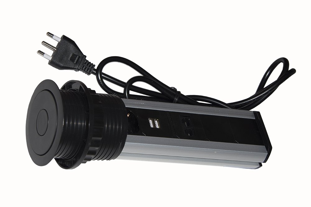 LINK LKMPT02 multipresa da tavolo a scomparsa con 2 prese universali Schuko/italiane 10-16A, 1 RJ45, 1 RJ11, 2 USB, struttura in metallo, nero, lunghezza cavo 1,70 metri, confezione da 12 unità