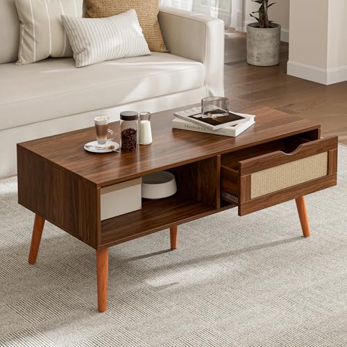 Image of ZttRiee Rattan Coffee Table with Drawer, Mid-Century, Walnut | 39.4 inchL x 19.7 inchW x 16.9 inchH, 220 lbs capacity, 1 rattan drawer & open compartments, solid wood legs, ~30 min assembly