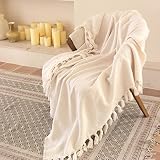 ZonLi Beige Boho Throw Blanket Soft and Breathable, White Woven Throw Blanket for Couch and Bed, Tas