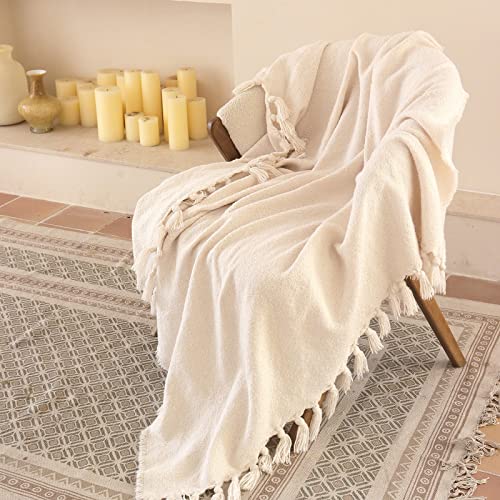 Zonli Beige Boho Throw Blanket Soft And Breathable, White Woven Throw Blanket For Couch And Bed, Tassel Farmhouse Throw Blanket For Summer, Decorative Cozy Textured Blanket Lightweight (50”X60”) #TOP5