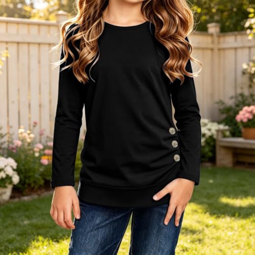 Girls Long Sleeve Shirts Kids Crewneck Knot Front Base Layer Tops Black - image 2