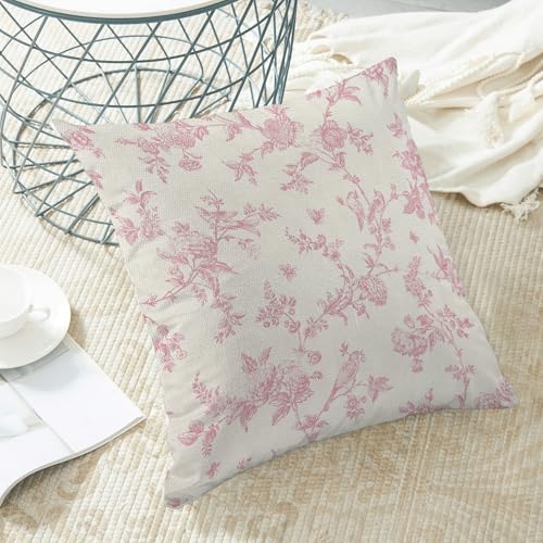 Sorktse Pink Pillow Covers 18x18 Set of 2 Pink Bird Floral Chinoiserie Throw Pillows Vintage Toile Spring Summer Floral Pillowcases Linen Outdoor Decor Cushion Cover for Sofa Couch — view 5