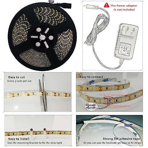 Rygdeng White Led Strip Lights, Waterproof Cuttable 600 Smd 2835 Leds Tape, 16.4Ft Strong Adhesive Lighting String 12V Flexible Led Rope Light For Tv Backlight Bedroom, No Power Adapter Included #TOP1