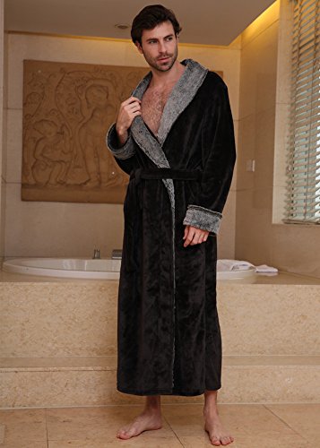 SUNBABY Thicker Long Flannel Sleepwear for Women and Man Imitation Fur Collar Bathrobes Warm Couple Pajamas(M,Black)