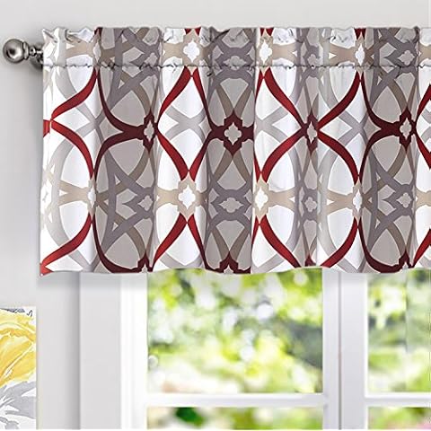 DriftAway Alexander Pattern Match Blackout Valances for Windows 250GSM Geometric Moroccan Mid Century Rod Pocket 52 Inch by 18 Inch Plus 2 Inch Header Red and Gray 1 Pack Cover