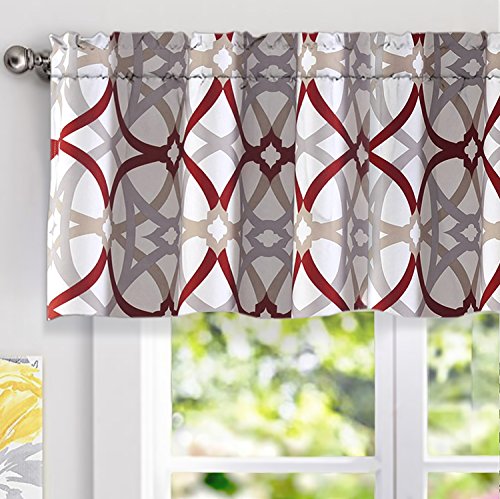 DriftAway Alexander Spiral Geo Trellis Pattern Window Curtain Valance Rod Pocket 52 Inch by 18 Inch Plus 2 Inch Header Red and Gray 1 Pack