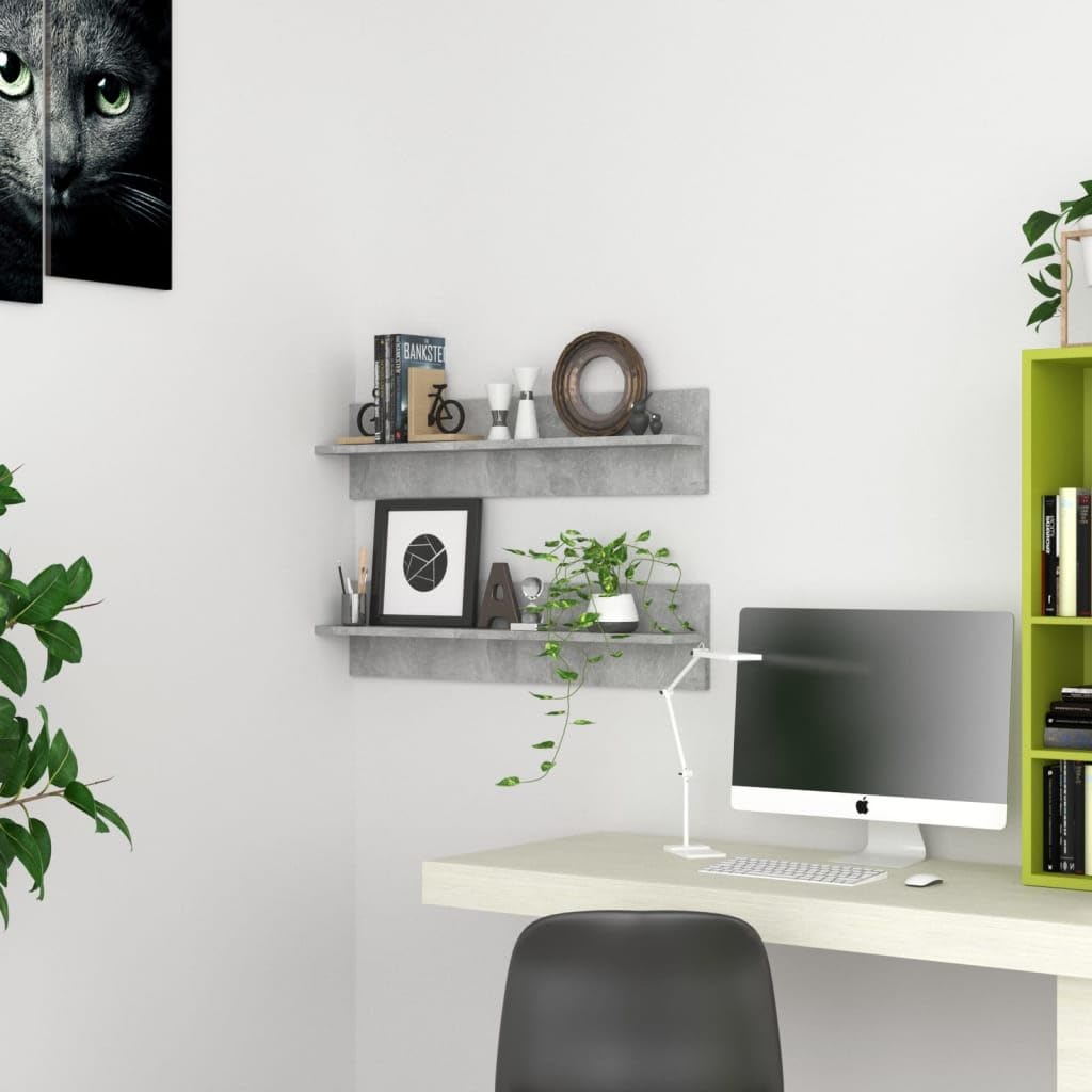 Estantería de pared gris hormigón, 2 unidades, 80 x 11,5 x 18 cm, de material de madera, elegantes estantes colgantes para libros, DVD y artículos decorativos, estantes de pared robustos y