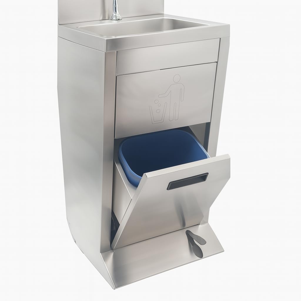 Lave-Mains Professionnel avec Cuve Inox – Station de Lavage Complète avec Commande au Pied, Distributeur de Savon, Distributeur de Papier et Poubelle Intégrée