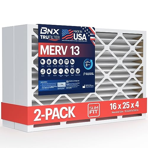 BNX TruFilter 16x25x4 (15.5’’ x 24.5’’ x 3.63‘’ Slim Fit) MERV 13 Air Filter (2-Pack) - MADE IN USA - Air Conditioner HVAC AC Furnace Filters Health, Allergies, Mold, Bacteria, Smoke, MPR 1900 FPR 10