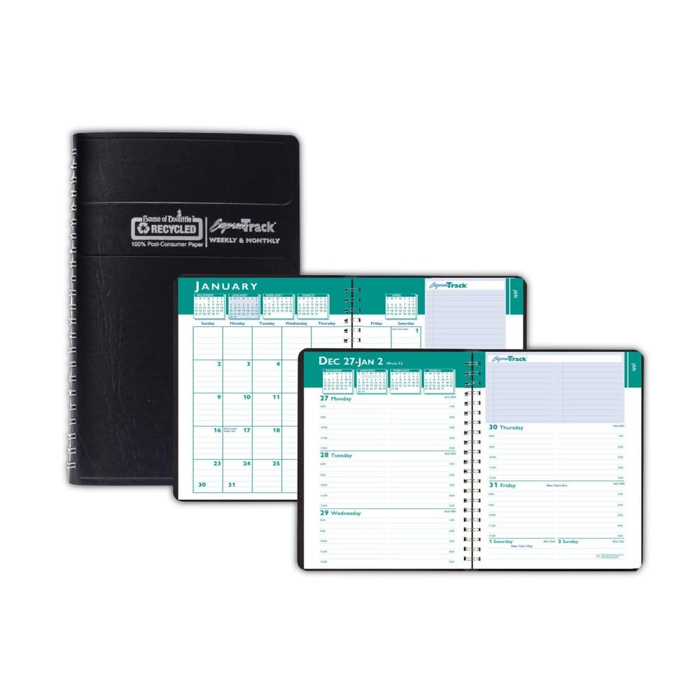 House of Doolittle 8 in. x 5 in. 13-Month (Jan 2026-Jan 2027) Express Track Recycled Weekly Appointment Book/Monthly Planner - Black Cover