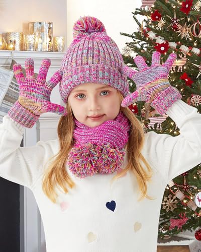 Image of Kids Winter Hat Scarf Gloves Set - Girls Boys Fleece Lined Beanie Hat with Pom Knit Scarf Warm Mittens for Children