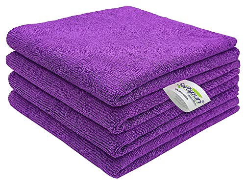 Image of SOFTSPUN Microfiber Cleaning Cloths, 50x50cms 4 pcs Towel Set 340 GSM Purple! Highly Absorbent Lint and Streak Free Multi-Purpose Wash Cloth for Kitchen Car Window Stainless Steel Silverware.