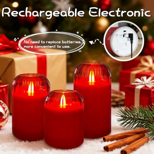 Image of LEDHOLYT Rechargeable Flameless Candle, Flashing LED Pillar Real Wax Candle with Remote Control and Timer, Red Glass Electronic Candles for Room Decoration, 1 Set of 3