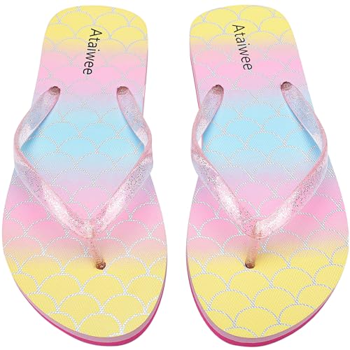 Ataiwee Chanclas para niñas, sandalias de playa para niños pequeños/grandes, sandalias estampadas coloridas para niños.(2005001,PK/SC,34.5)