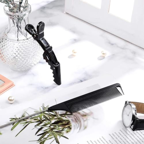 Image of Rat Tail Comb Parting Combs for Braiding Hair Carbon Styling Steel Pin Carbon Fiber Heat Resistant Teasing Barber Combs with 3 Pieces Plastic Styling Hair Clips for Hair Stylist (Black)