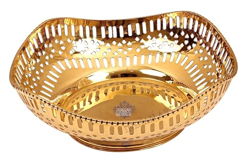 Indian Art Villa Big Brass Designer Handmade Fruit Bowl Basket, Centerpiece, Tableware Width- 8.6 Inches